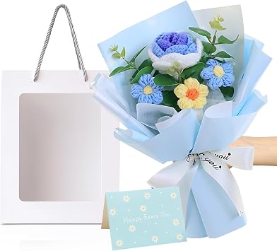 Crochet Flowers with Window Bag and Happy Card, Handmade Crochet Flower Bouquet, Knitted Flowers Bouquet for Wedding Decor, Birthday Gifts, Home Accents, Blue Roses