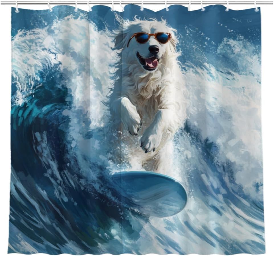 Surfing Great Pyrenees Shower Curtain, 72x72 Inch, Waterproof Polyester Fabric with 12 Hooks, Fun Beach-Themed Bathroom Decor Summer Shower Curtain