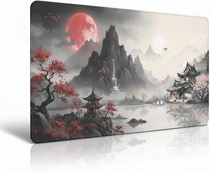 Large Japanese Desk Mat Mouse Pad, XL Extended Mouse Pad with Black Red, Waterproof Gaming Desk Pad with Non-Slip Rubber Base, Desk Protector for Keyboard and Mouse for Home Office, 31.5 x 15.7