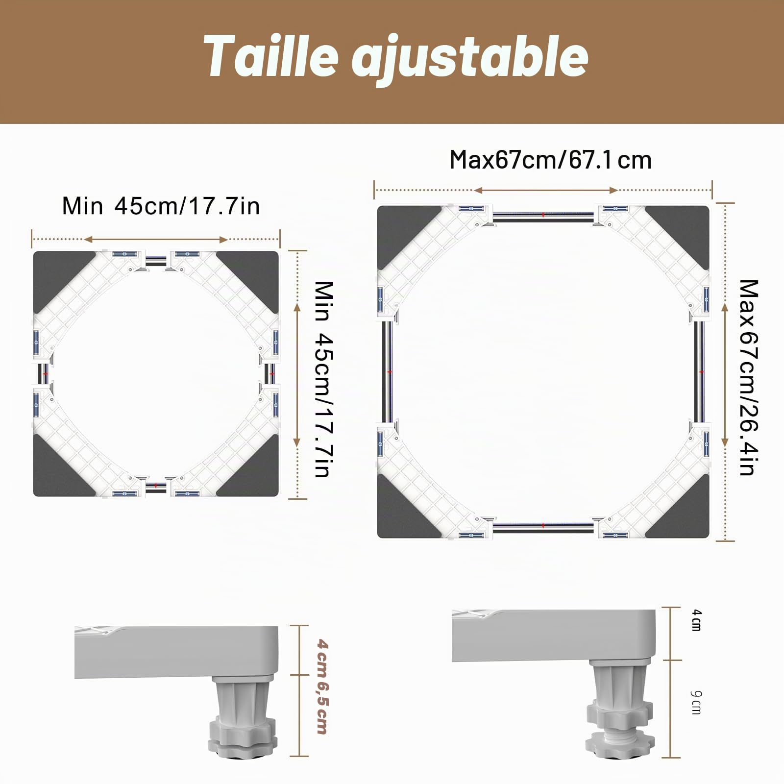 DEWEL Support Réglable pour Lave-linge, Sèche-linge et Frigo | 4 Pieds en PP & Acier Inoxydable | Réduction du Bruit | Hauteur 6,5-9 cm (Adapté aux Appareils de 45-67 cm) | Charge Maximale 300 kg | 4 pieds, anti-vibration et stable, largeur réglable 45-65