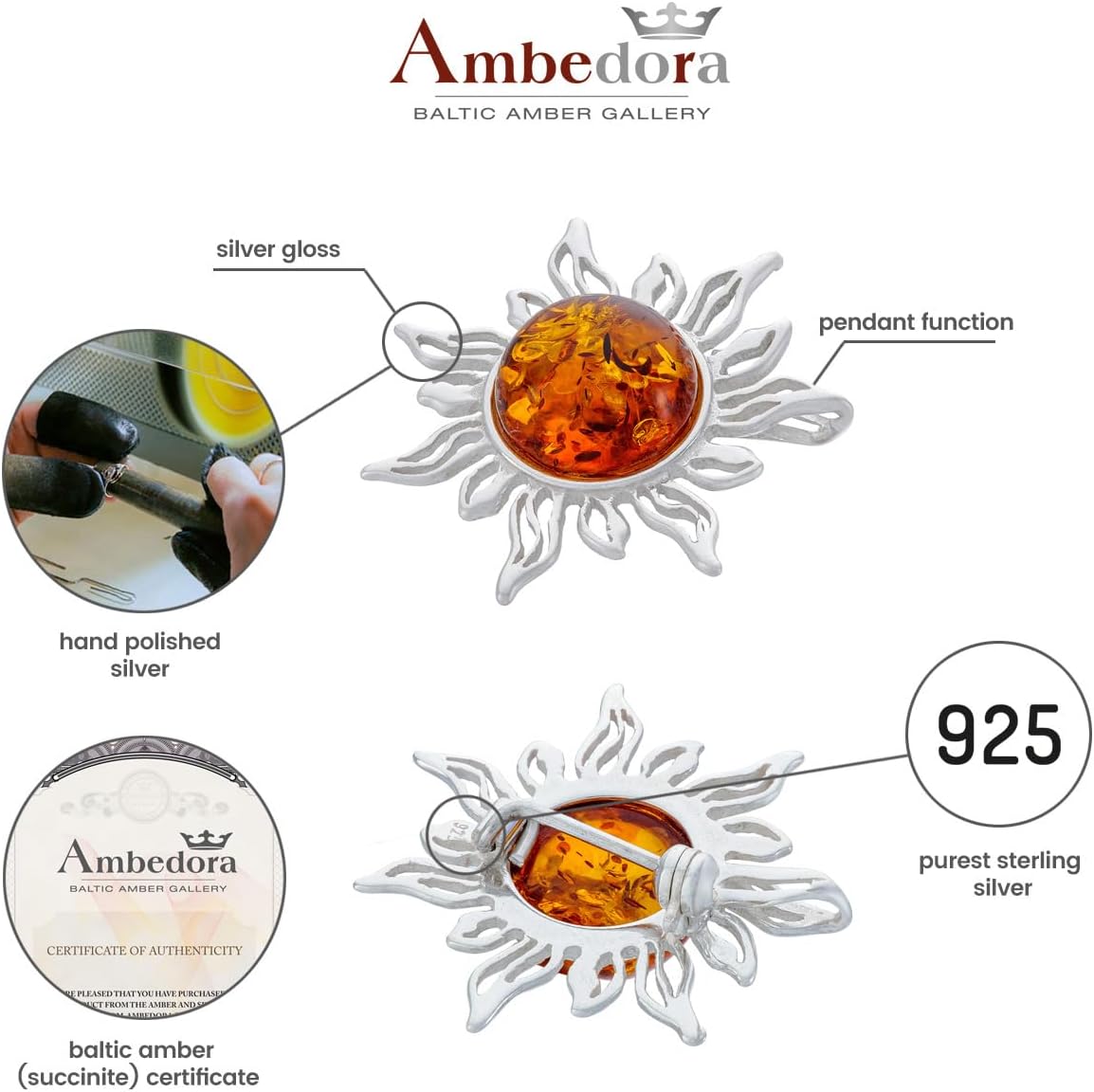 Women’s Silver Sunshine Brooch with Amber, Polished Sterling Silver, Natural Baltic Amber in Cognac Colour