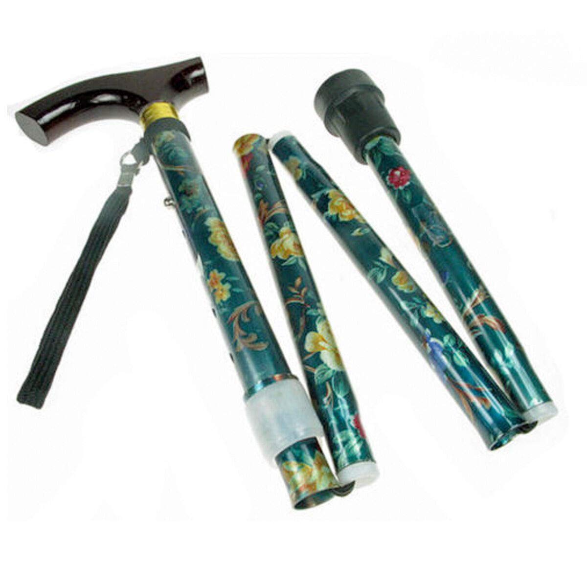 Easy Fold Folding Stick Walking Aid Aluminium Light Weight Support Cane - Flower Green
