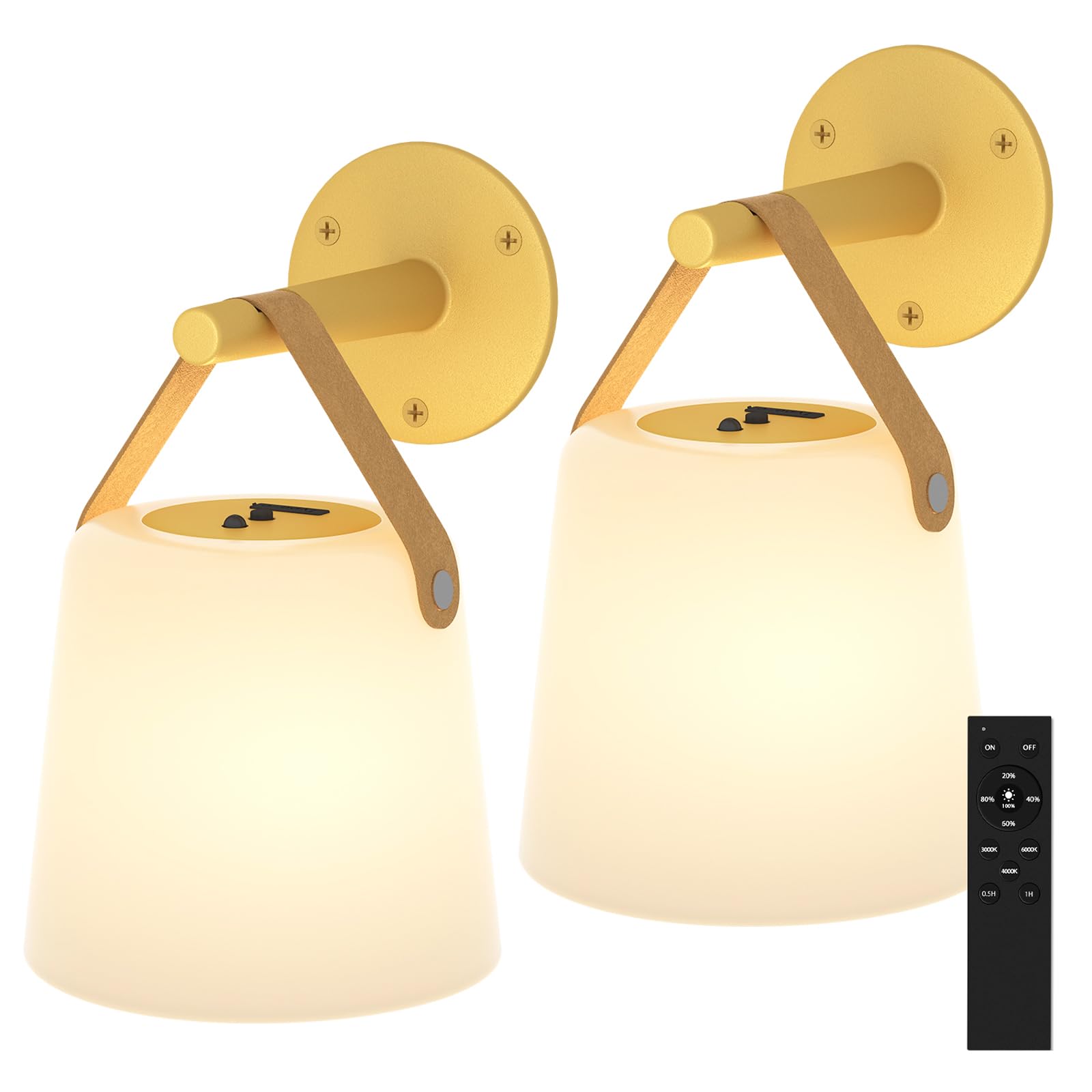 TACAHE Rechargeable Wall Sconce - Plastic Frosted Lampshade - 3 Color Temp & 5 Brightness - Remote Control - 5000 mAh Battery Operated - Cordless Wall Lamp for Camper, RV - Set of 2 (Gold)