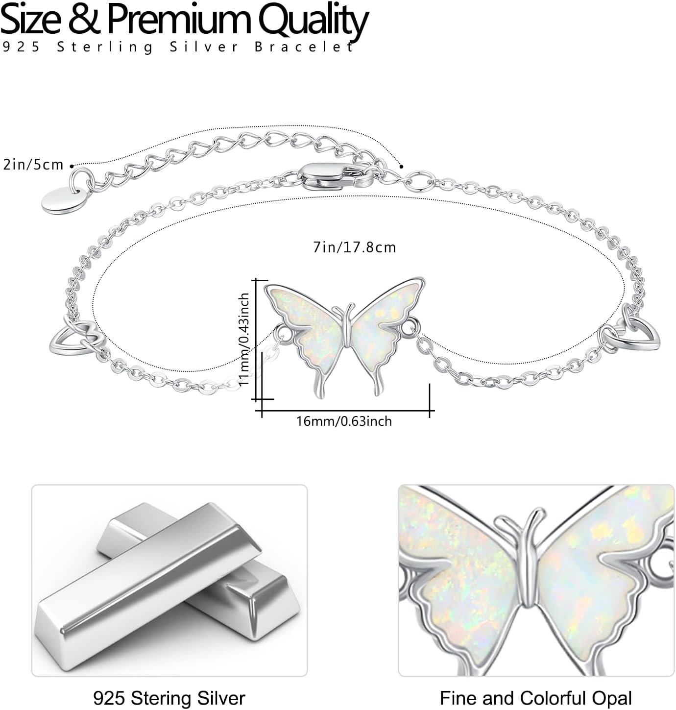 CUOKA MIRACLE Butterfly Bracelet 925 Sterling Silver White/Blue/Pink/Green Opal Bracelet Adjustable Butterfly Jewelry Gifts for Women Teens Birthday - Image 6