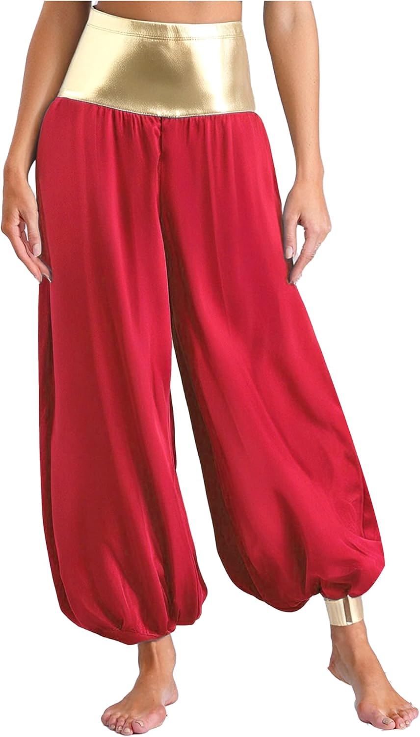 ACSUSS High Waist Silky Satin Arabian Harem Pants for Women for Rave Halloween Cosplay & Dance