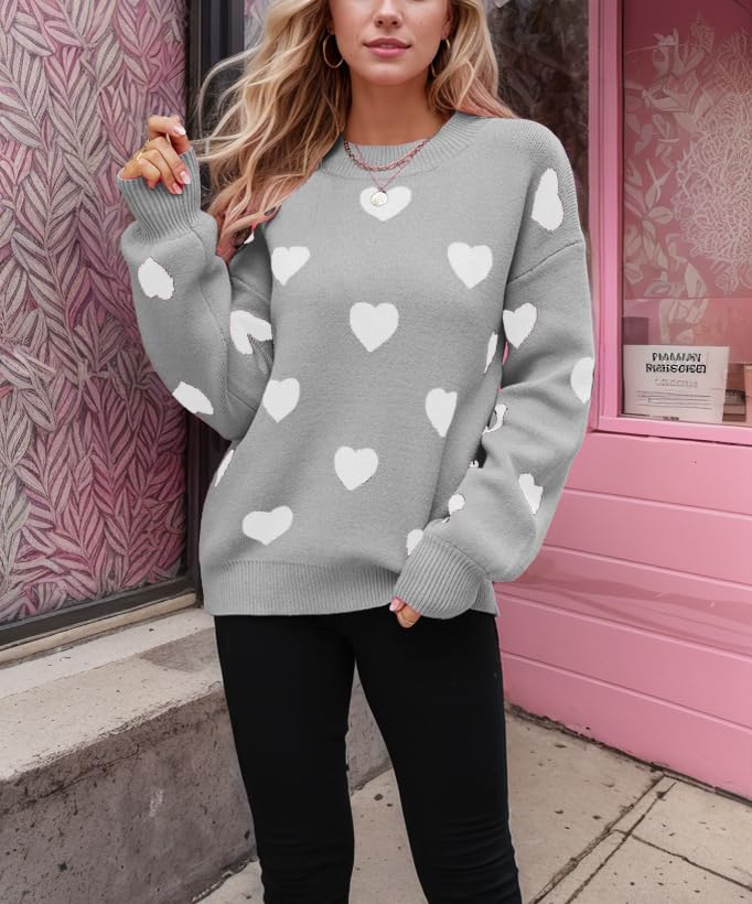 Image of Women's Valentines Pullover Sweaters Cute Hearts Long Sleeve Crewneck Knitted Y2k Sweaters Kawaii Aesthetic Clothes