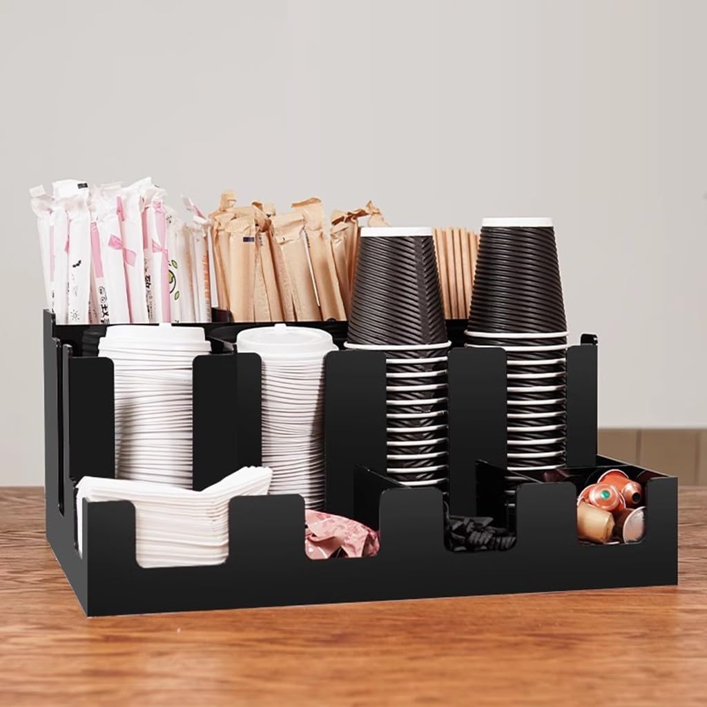 Coffee Bar Organizer, Acrylic11 Compartment Paper Cup Storage Rack, Coffee Cup Organizer Condiment Caddy (Black 44 * 33.5 * 20cm)