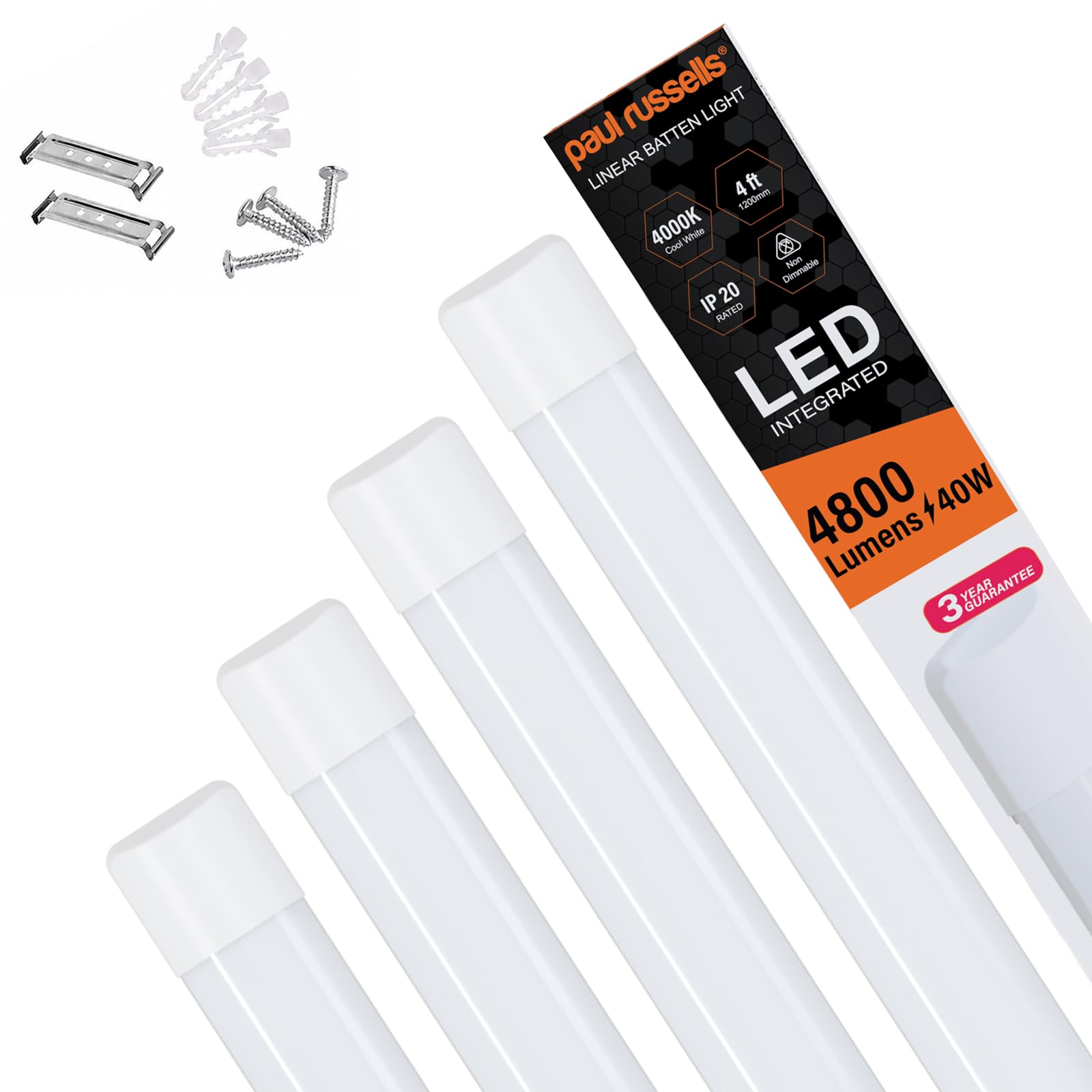 paul russells 4ft LED Batten Light, Ceiling Fitting Tube Light, 4000K Cool White, 40W, 4800 Lumens, Light for Office, Bathroom, Kitchen, Garage, Warehouse Fluorescent Lighting Replacement, 4 Packs โ image 1