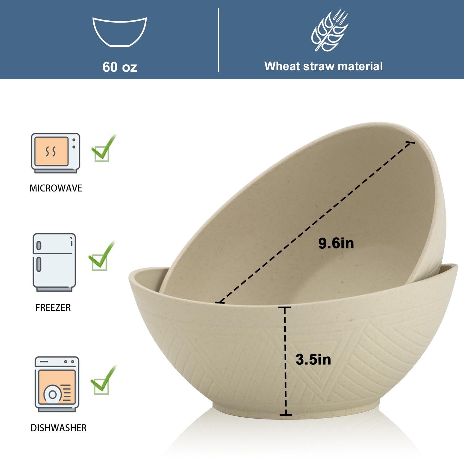 Wrova Juego de 6 cuencos de ensalada de 64 onzas, beige