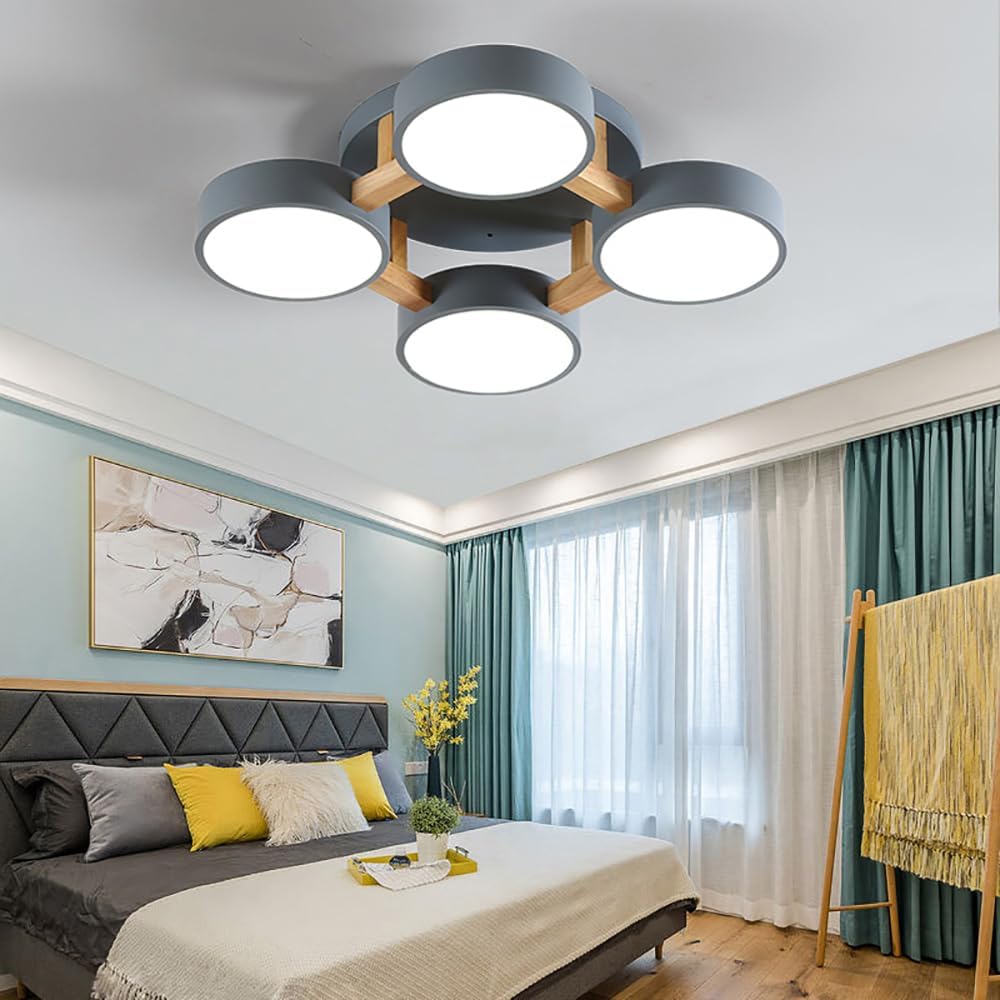 LED Ceiling Light Fixture,20 Inch 4-Lights Modern Ceiling Lights Flush Mount Wooden 44W Chandelier for Living Room Bedroom Kitchen,Dimmable 3000K/4000K/6000K Temperatures Selectable, Grey