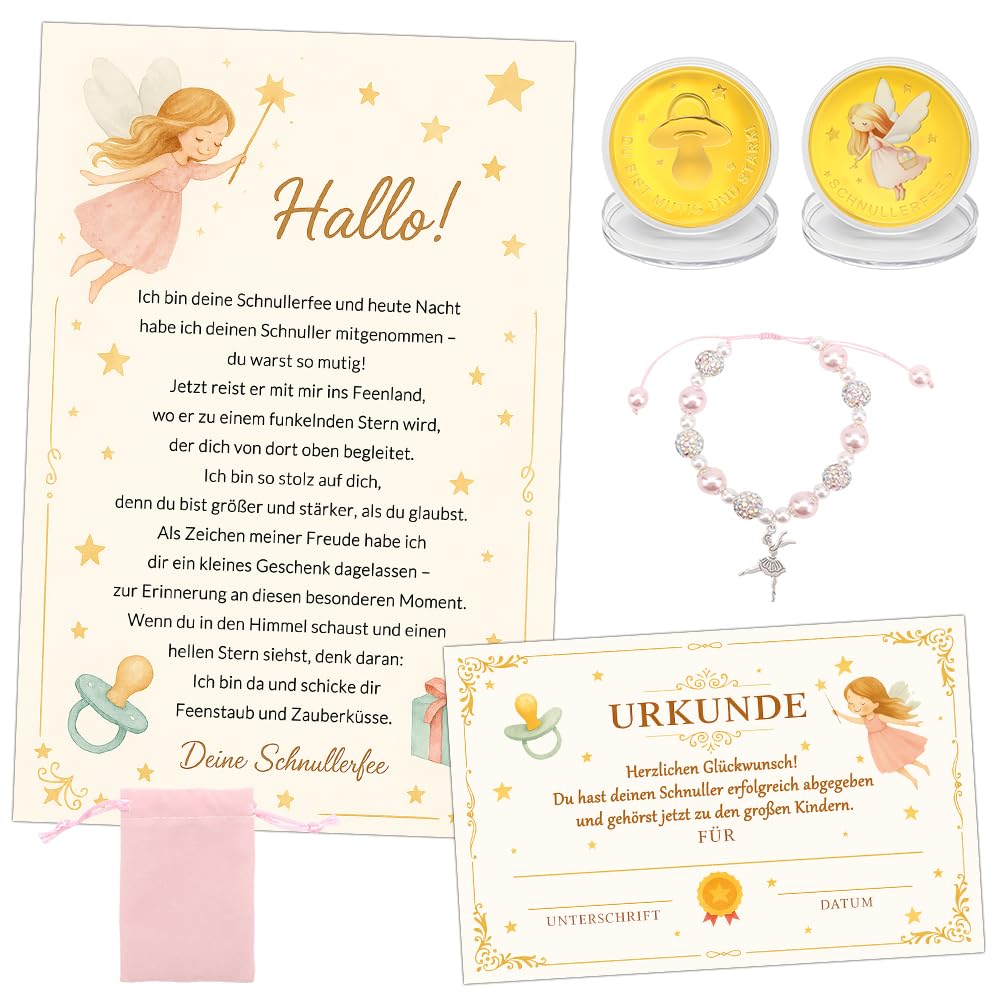 WALLFID Schnullerfee Geschenk Set für Kinder – Brief, Glücksmünze, Karte, Glücksband & Samtbeutel – liebevolles Abschiedsgeschenk beim Schnuller abgewöhnen für Mädchen & Jungen