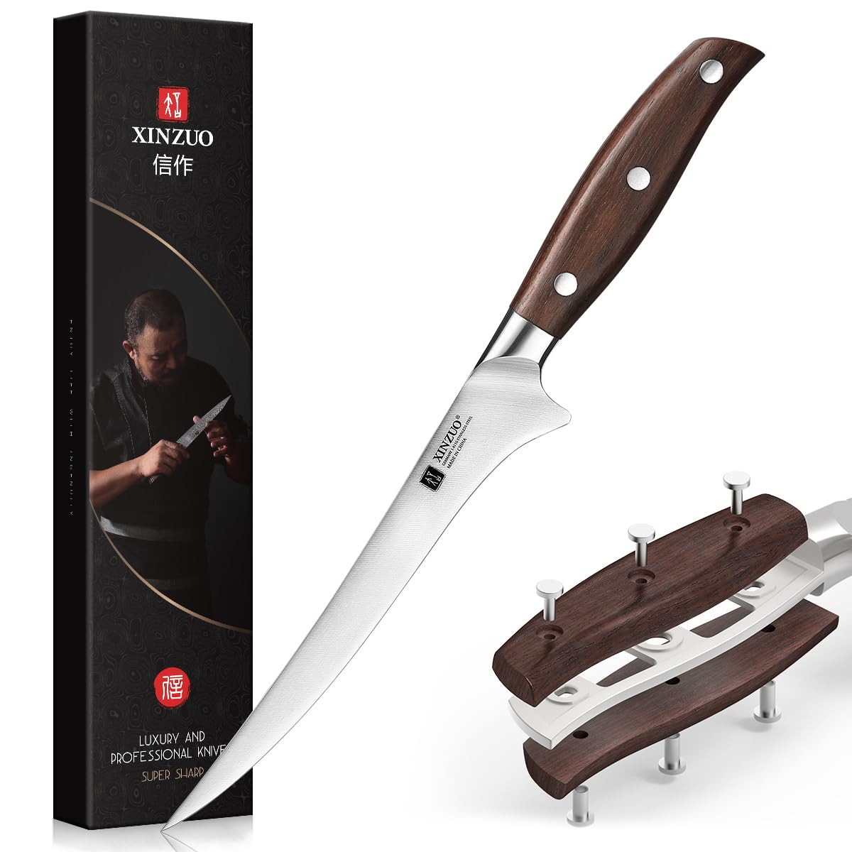 XINZUO 18,1cm Couteau à Filet Acier Inoxydable 1.4116 Allemand, Tranchant Couteau à Désosser à Fileter pour Désosser le Poisson et la Viande, Chef Professionnel -Poignée en Red Sandalwood