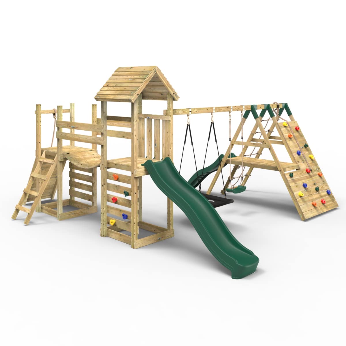 Rebo Green Rebo® Double Tower Climbing Frame With Flexible Bridge, Swing And Slide - San Luis | Outdoortoys | Kids' Outdoor Wooden Garden Play Equipment, Children's Jungle Gym Small