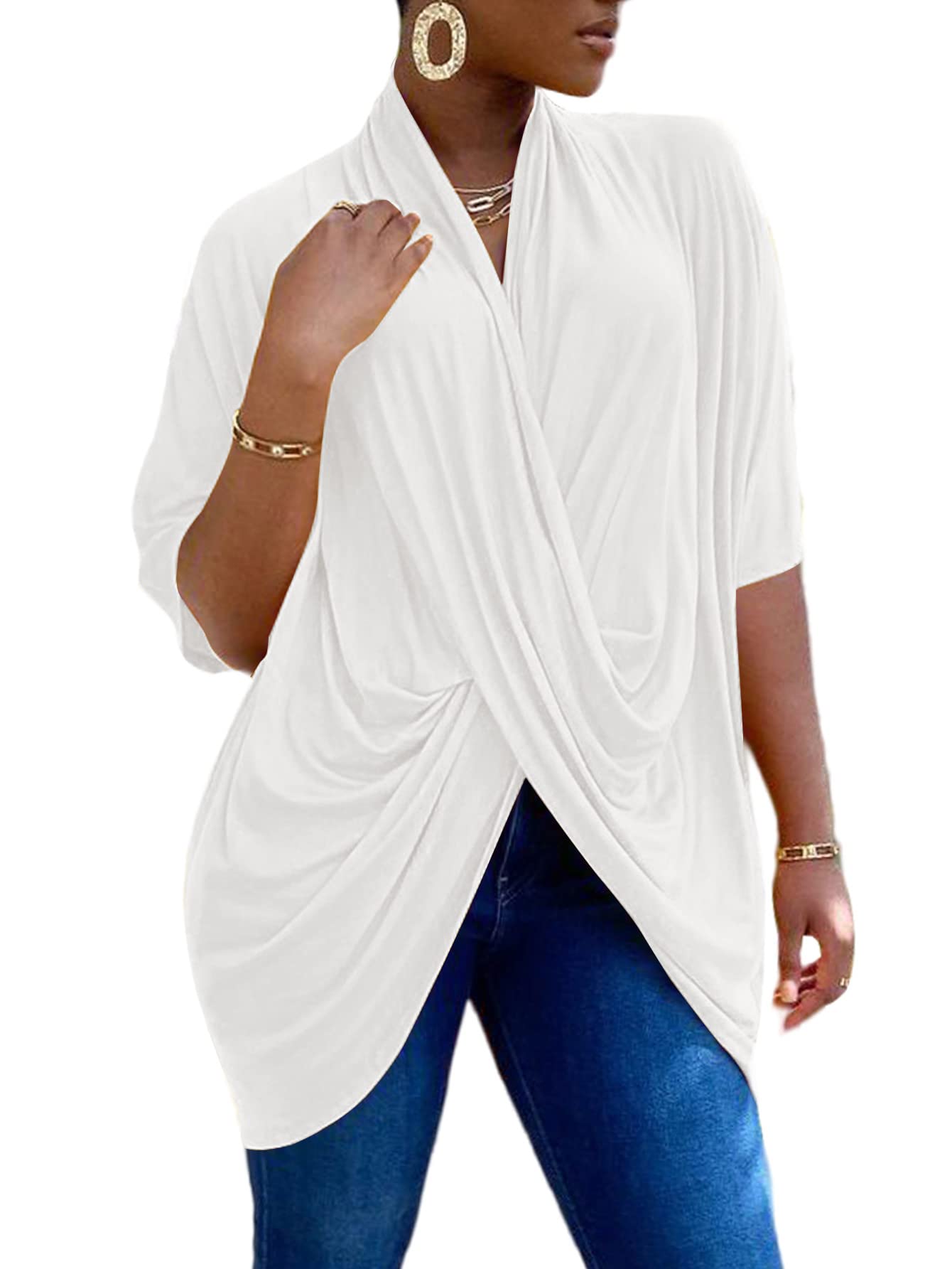 LYANERWomen's Wrap V Neck Ruched Short Sleeve Split Hem Blouse Shirt Tunic Top