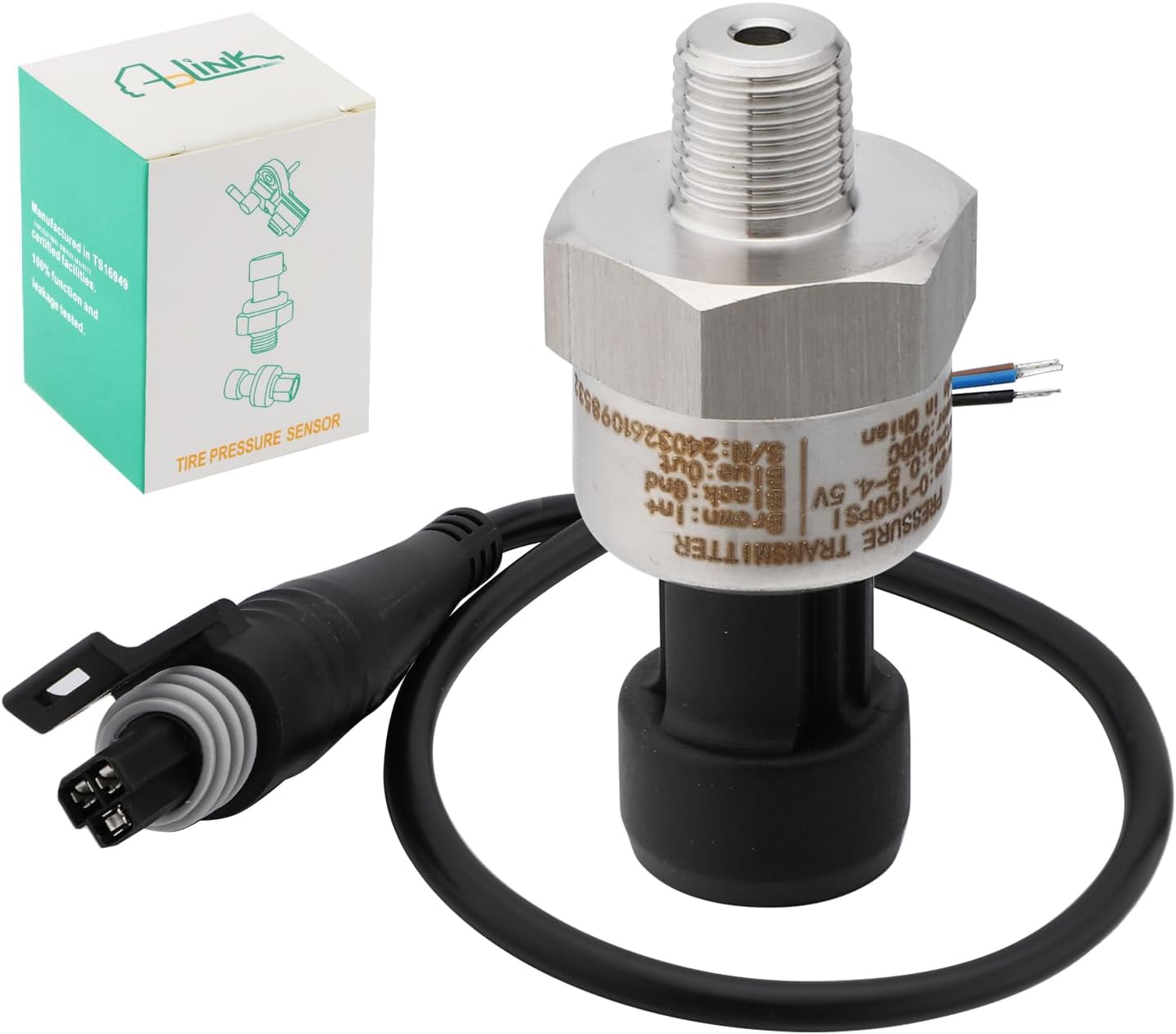 - 100 PSI Pressure Transducer Sender Sensor with 1/8" -27 NPT 316 Stainless Steel Thread and Harness Connector for Oil Fuel Air Water Pressure