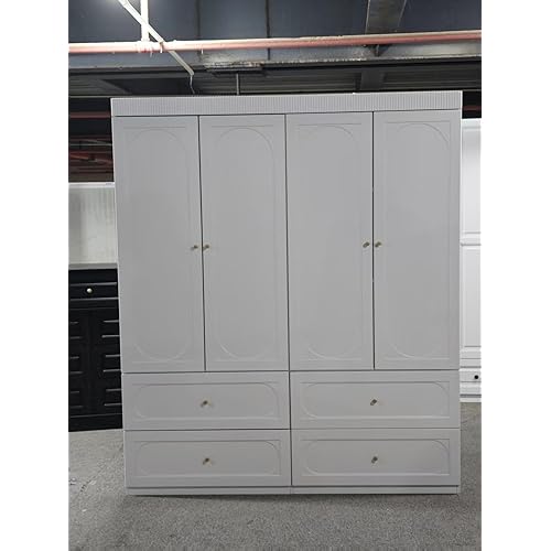 Armoire Wardrobe Closet with Drawers: 74" Wooden Wardrobe Closet with 4 Doors, Large Bedroom Armoire with Shelves, Tall Closets for Hanging Clothes Cabinet (White)