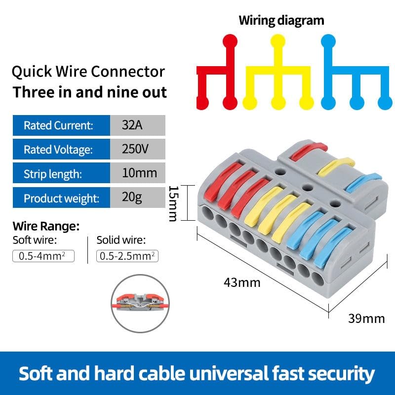 Image of ZIVIK 3 in 9 Out Quick Wire Connector, 2 Pcs Push-in Releasable Cable Conductor, Secure & Removable Electrical Connector, Fast Terminal Block Distribution Wire Jointer Cable Conductor Clamp