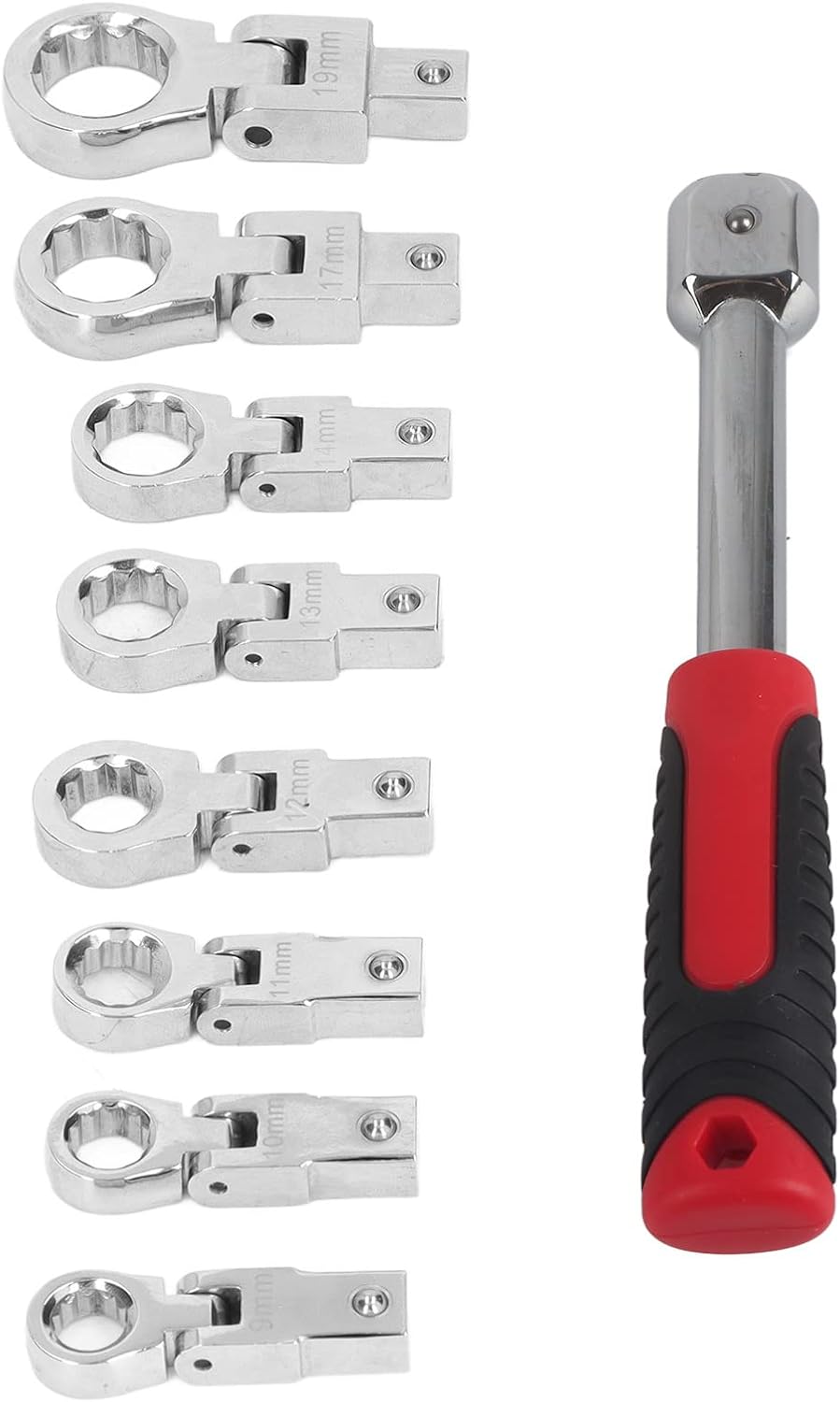 9 Piece Interchangeable Ratchet Wrench Set with 8 Box Wrench Heads and Handle - Vanadium Steel Construction - Mirror Chrome Plated Finish for Automotive and Industrial Use