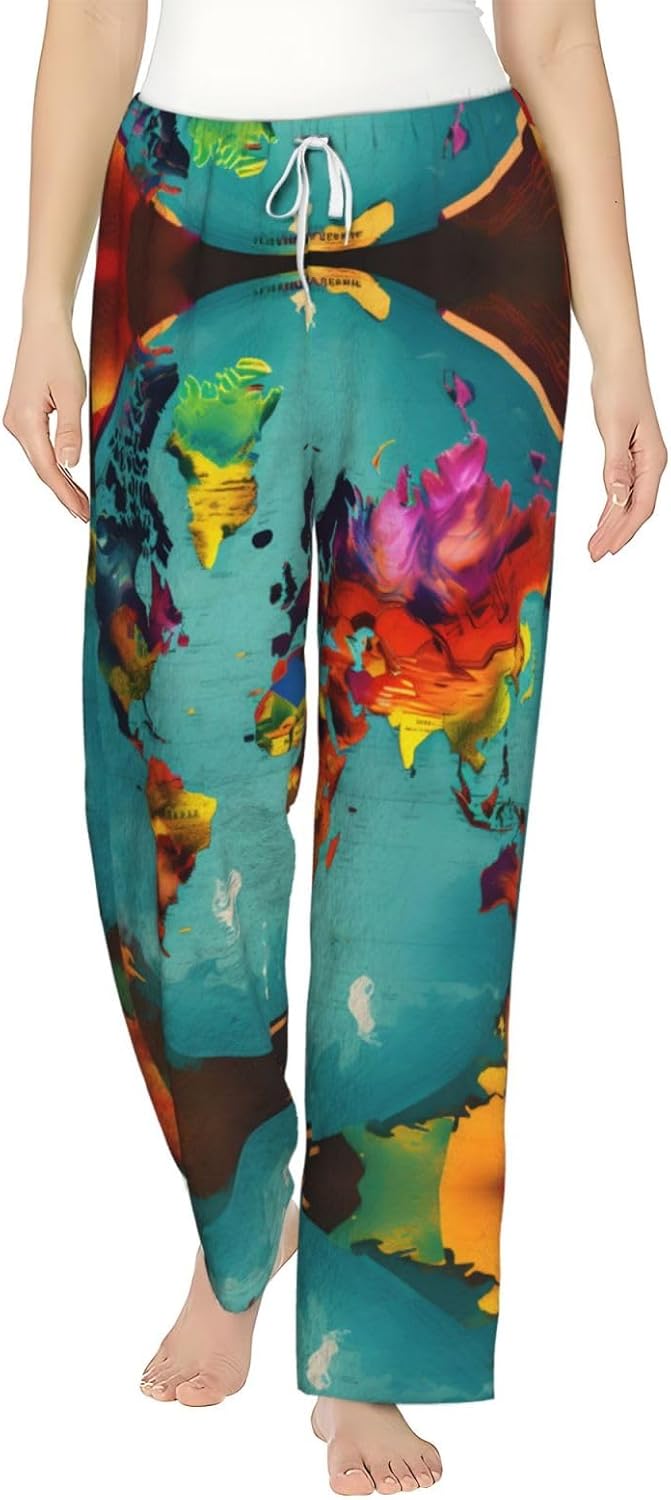 World Map Print Cozy Christmas Pajama Pants,Flannel Pajama Bottoms,Cater To Various Body Types