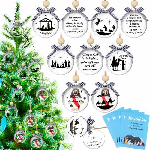 Vercraft 25 Sets 2.4'' Nativity Scene Christmas Ornaments Clear Ball Fillable Hanging Ornament Jesus Silhouette Gifts Bibles Verse Religious Cards for Nativity Church Christian Gift Xmas Tree Decor