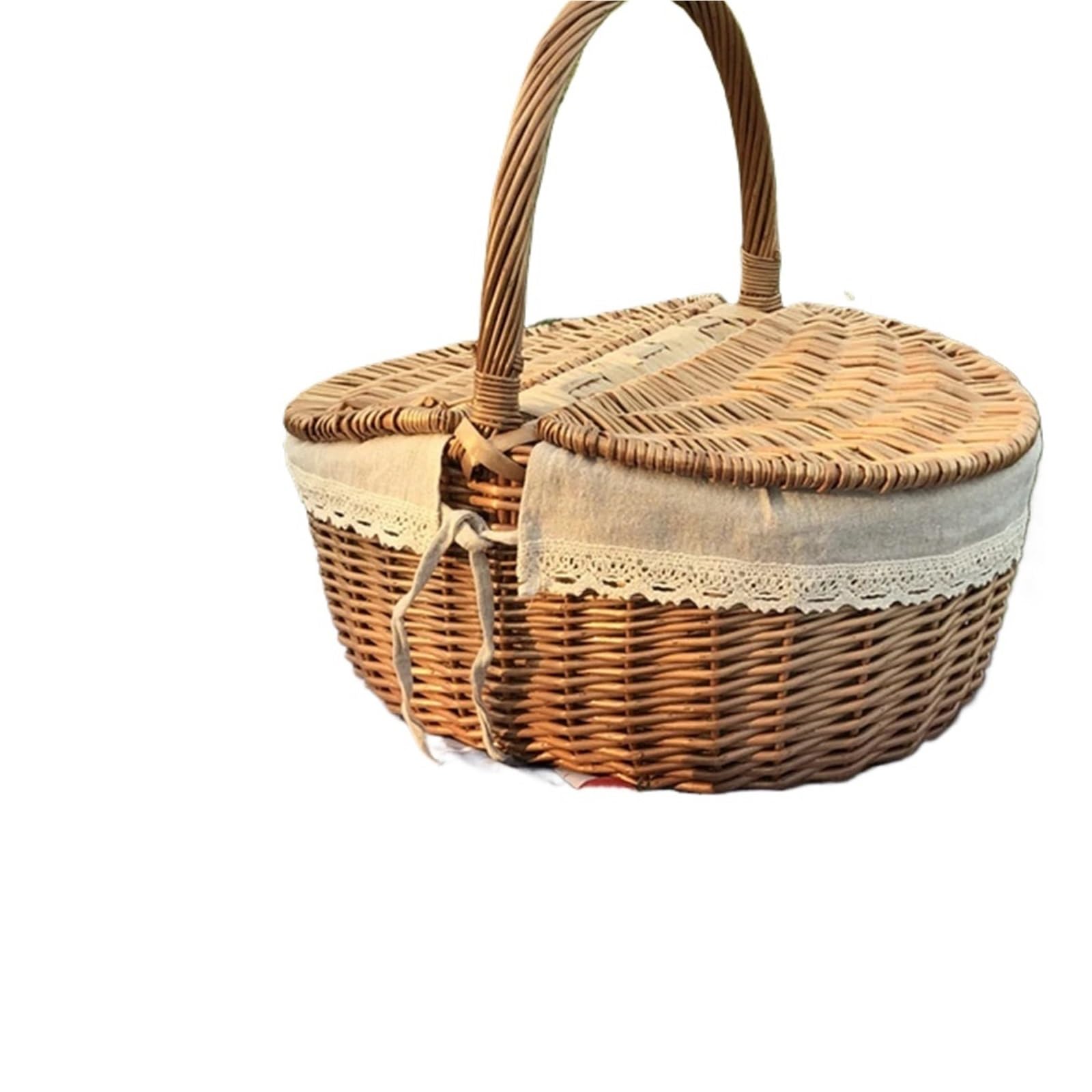 Wicker Picnic Basket With Liner Woven Lid And Handle Willow Vintage Storage For Outdoor Camping