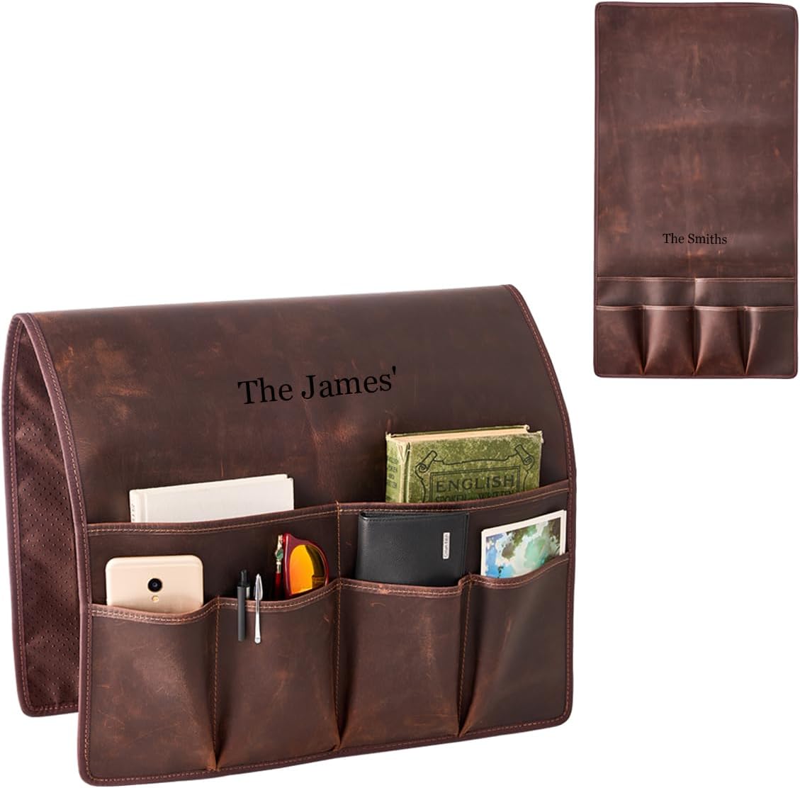 EURYNOME Sofa Armrest Genuine Leather Storage Bag,Anti-Slip Sofa Organizer Pouch for Remote Control,Phone,ipad,Magazine,etc
