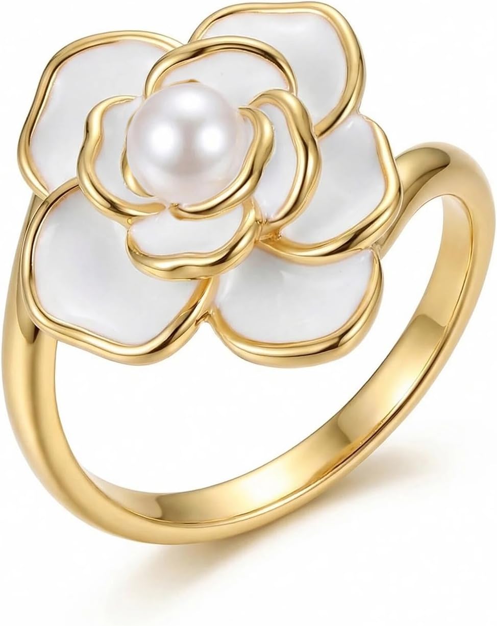 White Camellia Flower Open Ring for Women 14K Golden Plated Adjustable Statement Enamel Pearl Floral Rose Stacking Wrap Finger Rings Promise Wedding Engagement Band Elegant Classic Jewelry for Wife