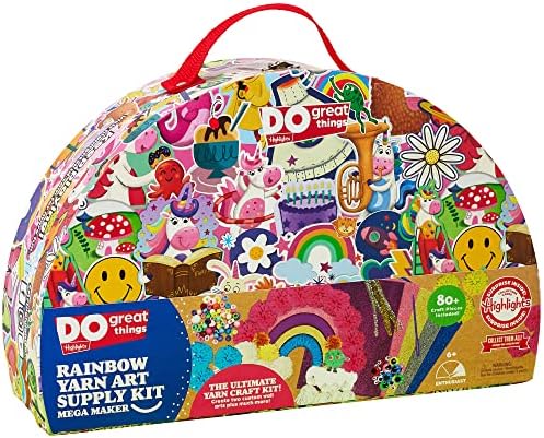 Highlights Rainbow Yarn Art Craft Kit for Kids, Create Rainbow Wall Art and Pom Pom Bookmarks, 80+ Piece Mega Maker Kit, Includes Reusable Unicorn Carrying Case for Mess Free Storage, Ages 6+