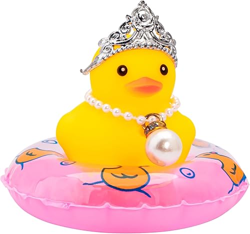 wonuu Decoración de pato para tablero de automóvil, accesorios de goma con collar de perlas, corona, mini anillo de natación y lentes de sol, corona