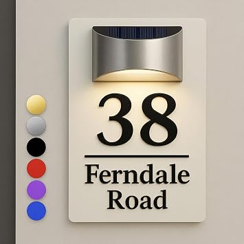 Custom Solar Address Sign for House LED Lighted House Numbers for Outside, Waterproof Acrylic Plaque with Solar Powered Lighting, Personalized Address Sign for Yard, Door, Mailbox, Home