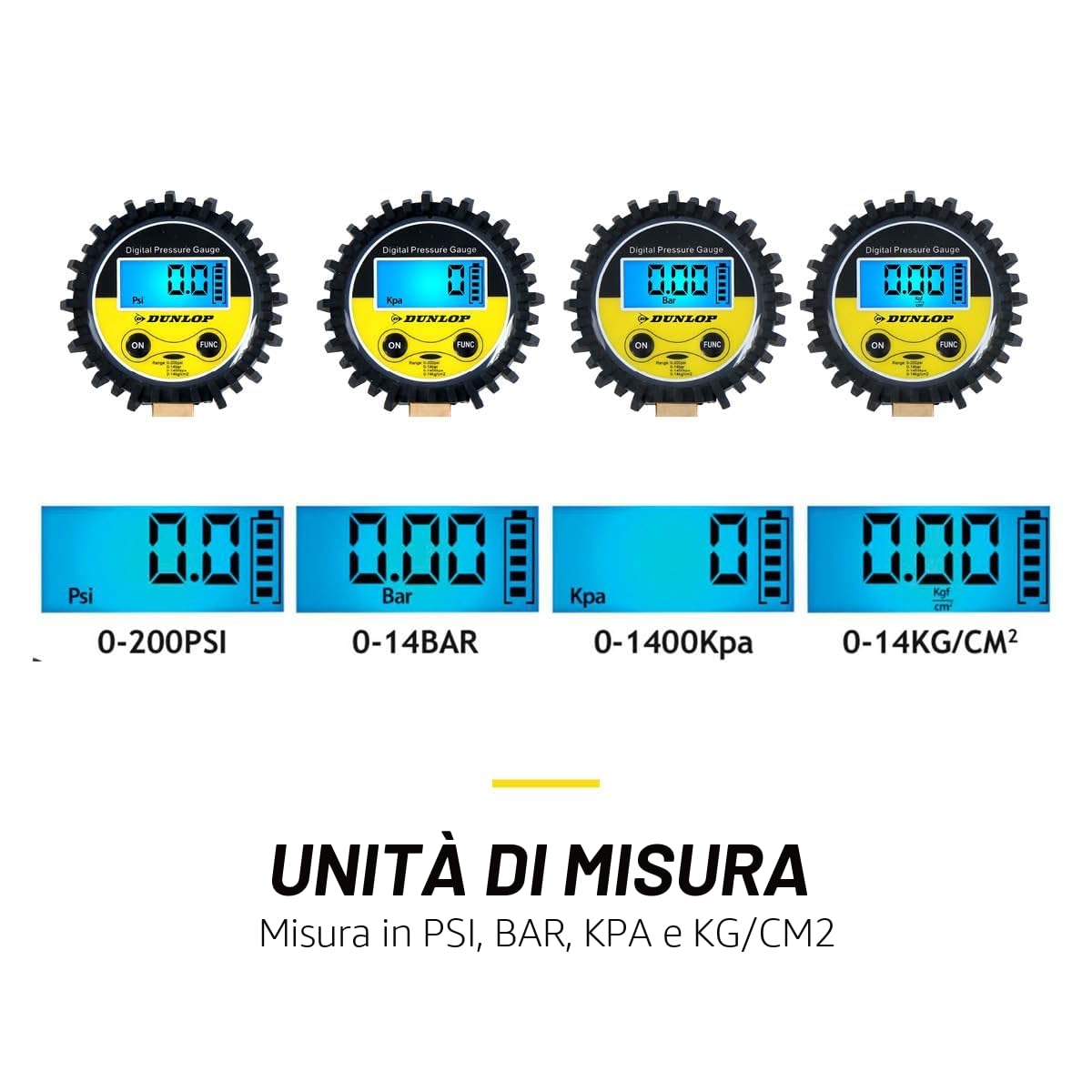 Dunlop Manometro digitale per pneumatici – Misura PSI/BAR/KPA/KG – Funziona a batterie – Tubo dell'aria da 30 cm – Adatto alla maggior parte dei compressori d'aria – auto, bicicletta, moto e camion