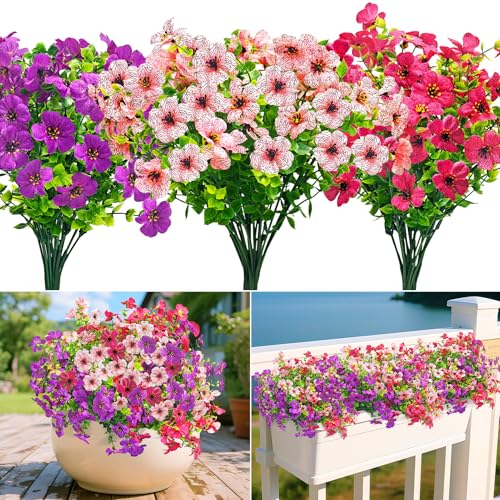 Artificial Flowers Outdoor 189 Fake Flowers 9 Bundles UV Resistant Plastic Faux Silk Flowers Bouquet Decorative Artificial Flowers Plants for Garden Graves Porch Window Front Door Indoor Decoration