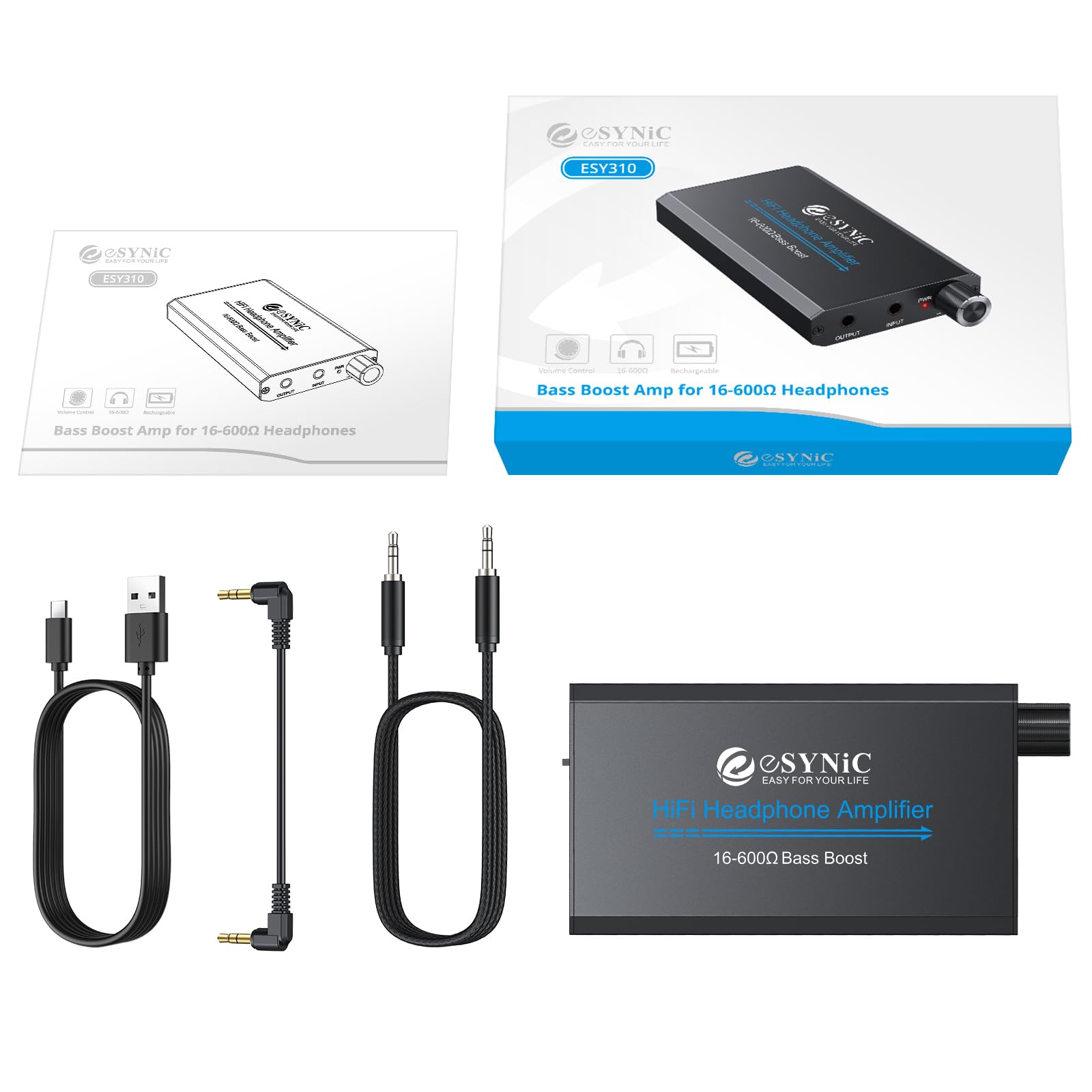 eSynic 16-600Ω Amplificatore per Cuffie Professionale con Jack 3.5mm, Ricaricabile Type-C, Lega Alluminio