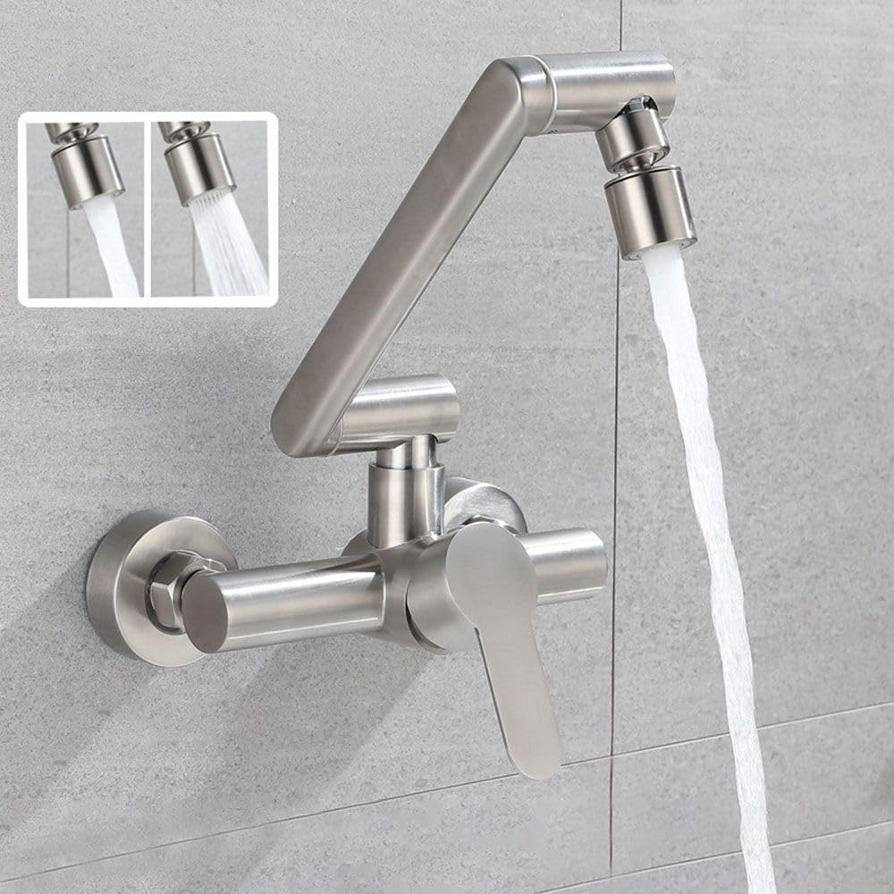 HomeLava Faltbar Wasserhahn Küche Wandarmatur mit 2 Wasserstrahlarten, Spültischarmatur 360° Schwenkbar, Einfache Montage Küchenarmatur Wandmontage aus 304 Edelstahl, Matt