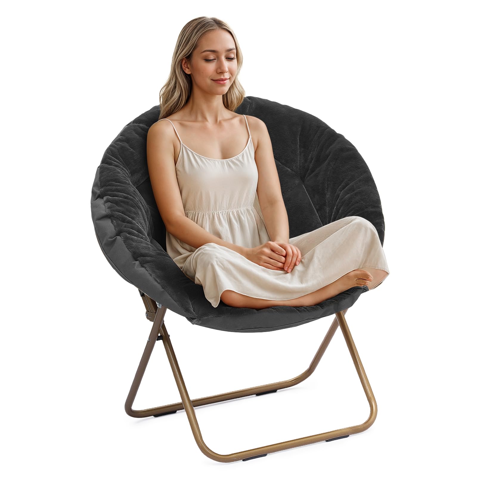 Athena Collection Comfy Saucer Chair Folding Cozy Chair for Bed Room Living Room Accent Chair Faux Fur Reading Chair Foldable Metal Frame Lazy Chair