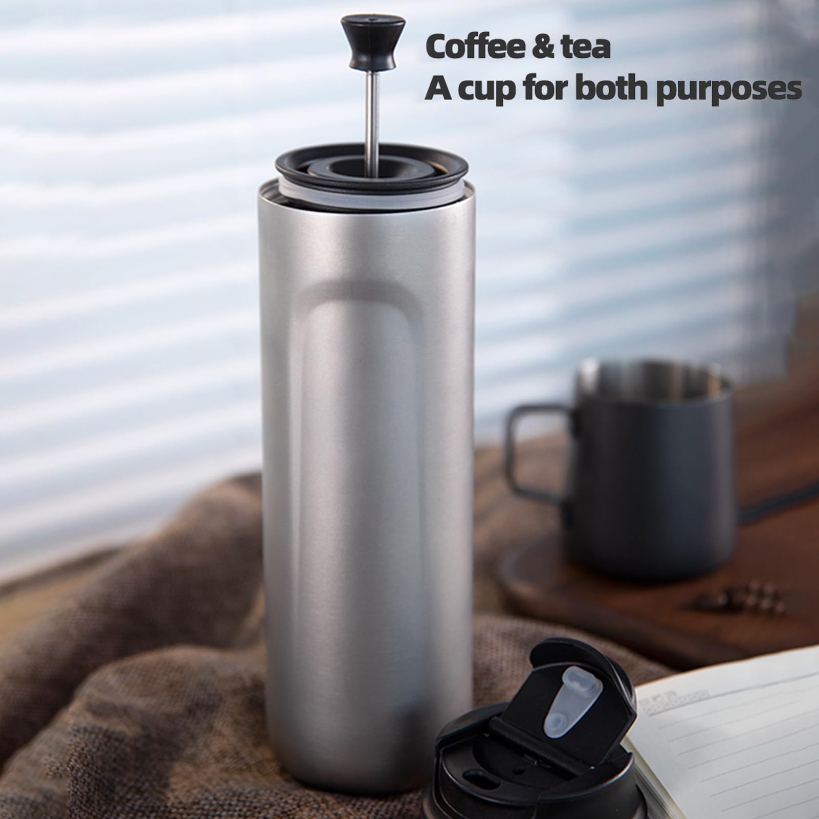 Cafetera de cafetera de campamento de campamento de prensa francesa aislante de buachois con café y té de construcción resistente de la pared doble para la oficina de viajes al (Chorro de arena)