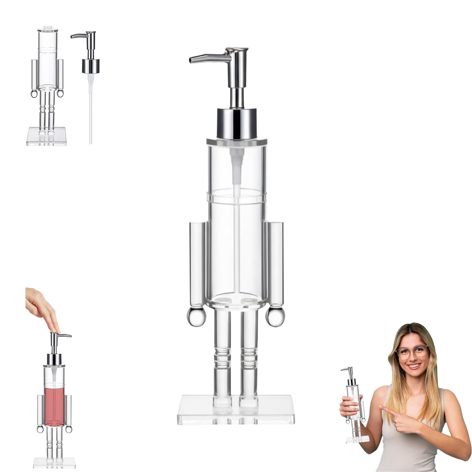 Clear Acrylic Nutcracker Soap Dispenser Christmas Nutcracker-Soap Bottle Dispensers Shower Washing Up Liquid Glass Nutcracker Refillable Hand Soaps Dispenser Pump for Kitchen Bathroom (Small)