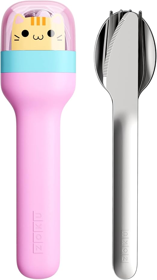 ZOKU Kids Pocket Utensil Set, Kitty - Stainless Steel Fork, Knife, and Spoon in Case - Portable Design for Travel, School, Picnics, Camping and Outdoor Home Use