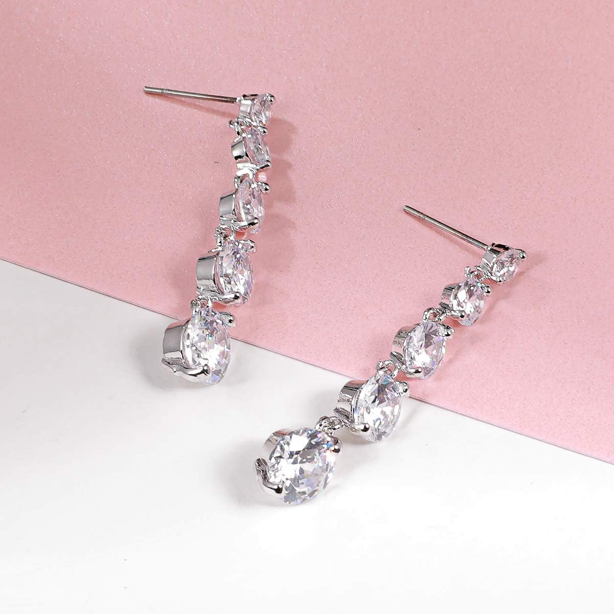 Cubic Zirconia Dangle Earrings Wedding - Streling Silver Bridal Jewelry for Bride Bridesmaids Round CZ Crystal Rhinestone Drop Earrings for Women Party Prom - Image 3