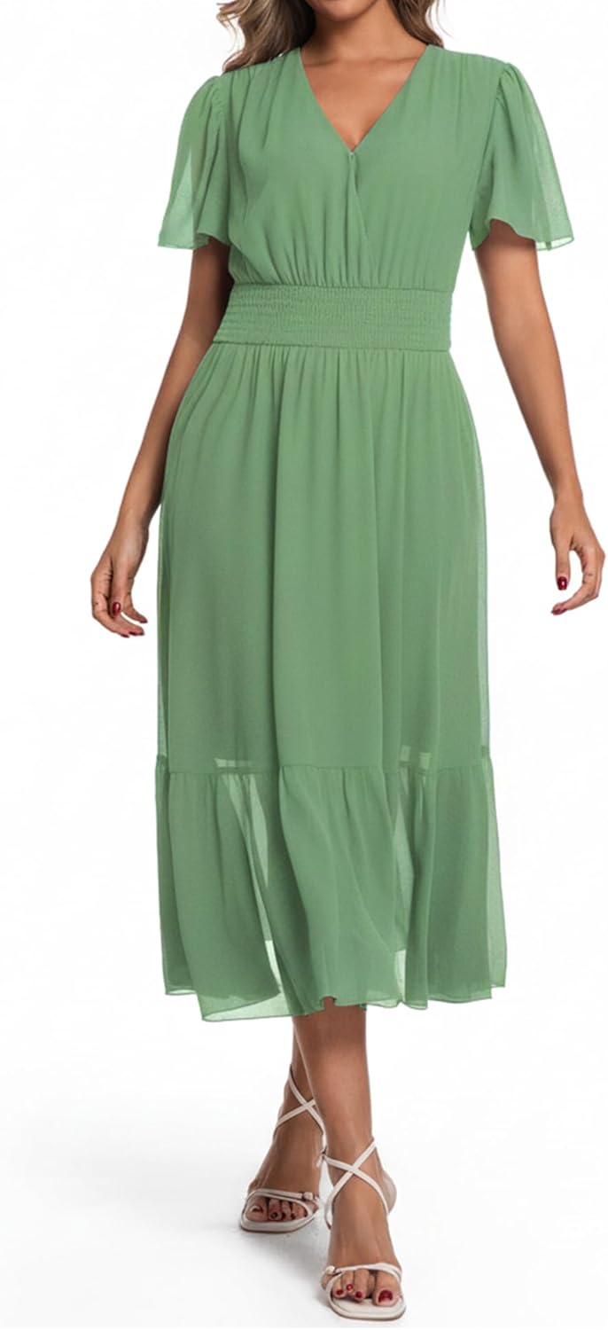 Chiffon Dresses for Women 2026 Summer Smocked Wrap V Neck Tiered Flowy Wedding Guest Long Dress with Pockets