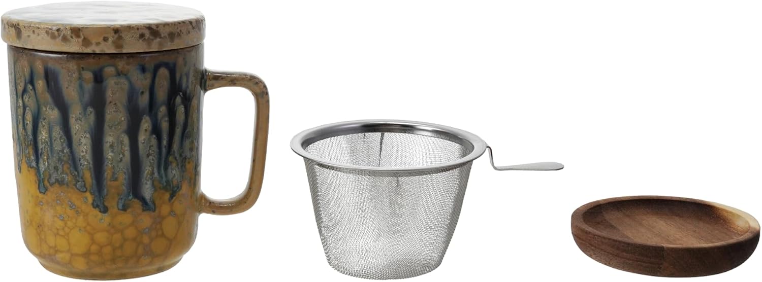 Creative Co-Op 3-Piece Stoneware Mug with Strainer, Lid and Saucer, Multicolor