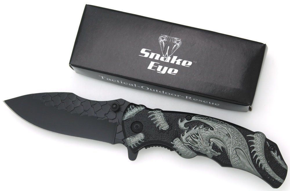 Snake Eye Tactical Fantasy Etched Dragon Design Handle Action Assist Folding Pocket Knife Self Defense Everyday Carry (Grey)