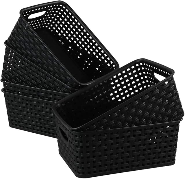 Xowine Set of 6 Weave Baskets, Plastic Storage Basket, Black