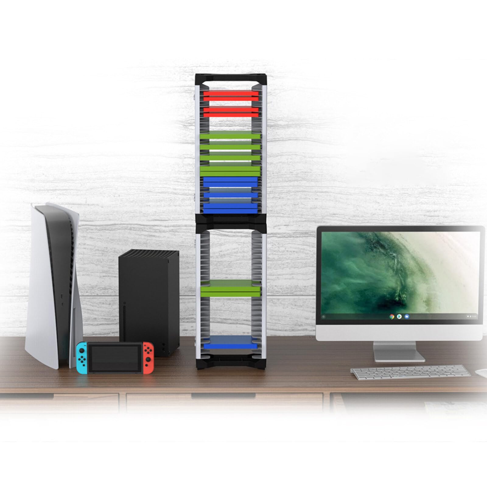 SunshineFace Torre de Almacenamiento para PS5/PS4/PS3/Xbox Con 2 Ganchos para Auriculares Gamepad, Almacena Hasta 23 Fundas de Disco, Blanco y Negro