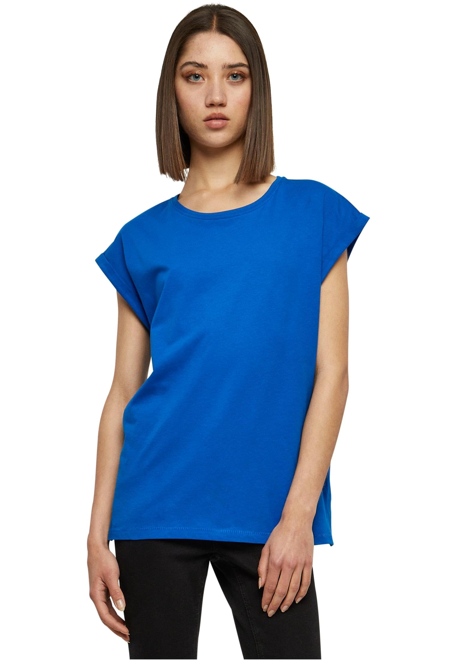 Women's Ladies Extended Shoulder Tee Basic T-Shirt with Capsleeves, Shortsleeve T-Shirt Top with Crew Neck (pack of 1)