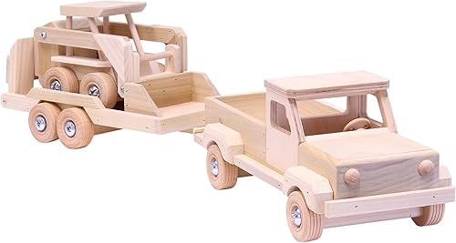 AmishToyBox.com Camión de juguete de madera y remolque plano con Skidloader Set