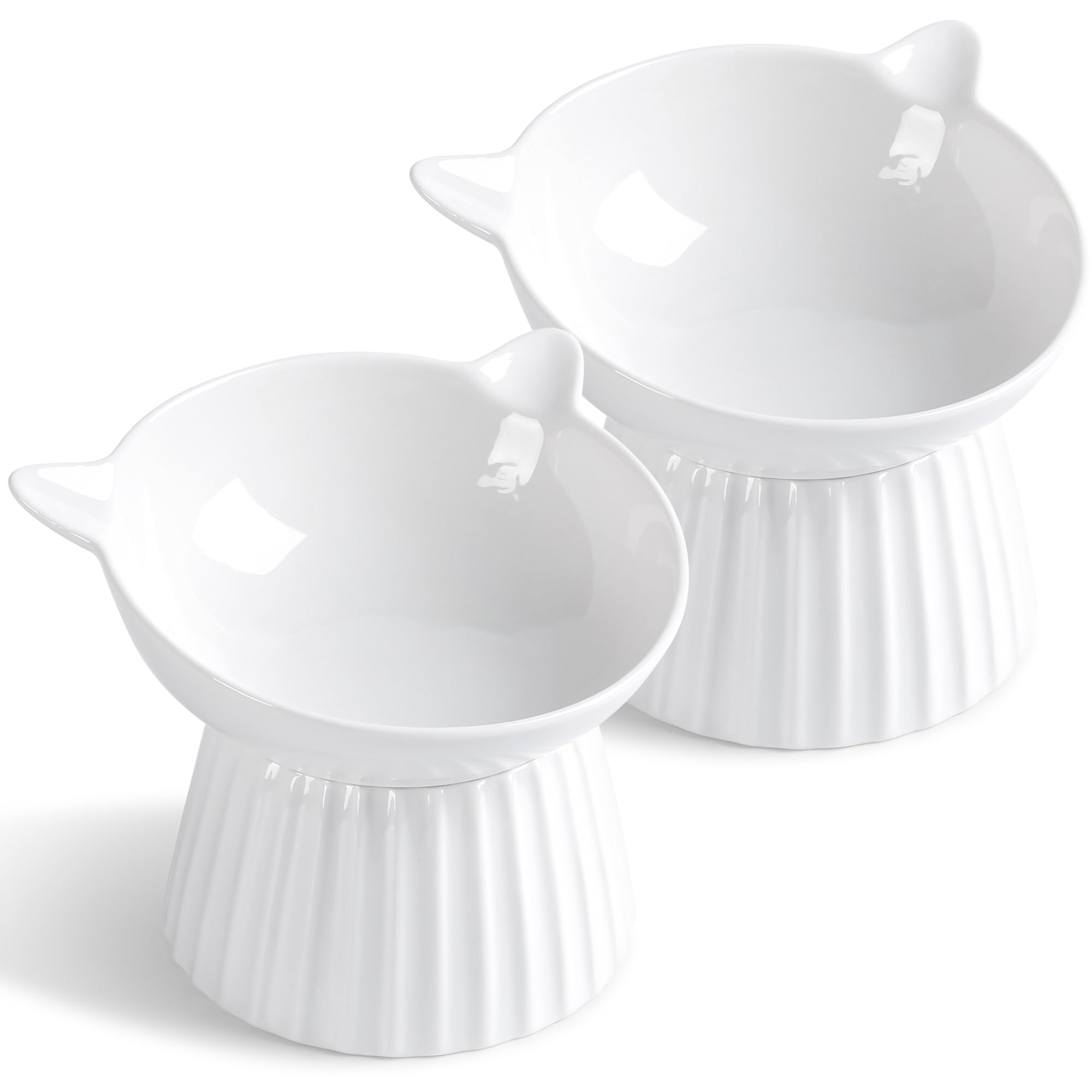 Elevated Cat Bowls, Raised Tilted Ceramic Food & Water Dishes for Cats & Kittens, Anti-Vomiting & Whisker Friendly (2pcs White)