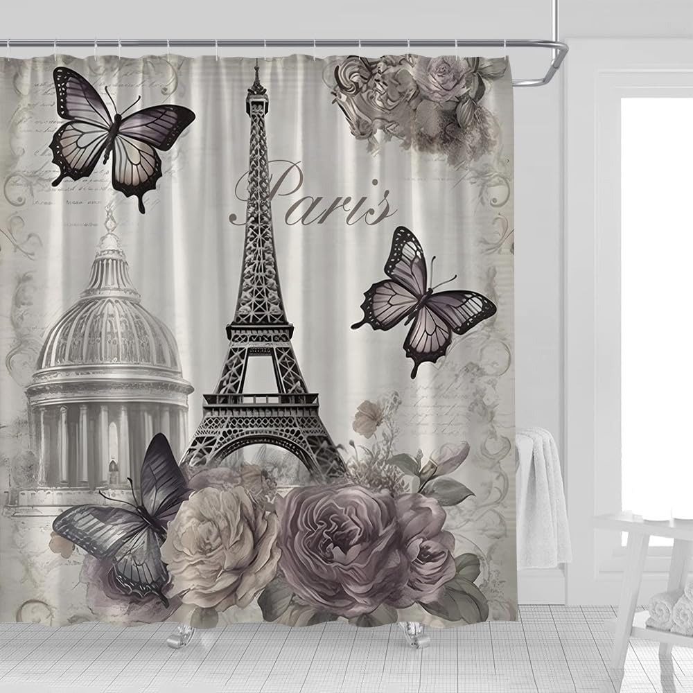 Pairs Eiffel Tower Shower Curtain Vintage European Castle in Renaissance Abstract France Paris Romantic European Castle Rustic Floral Butterfly Fabric Bathroom Decor Curtains with Hooks,70 x 80