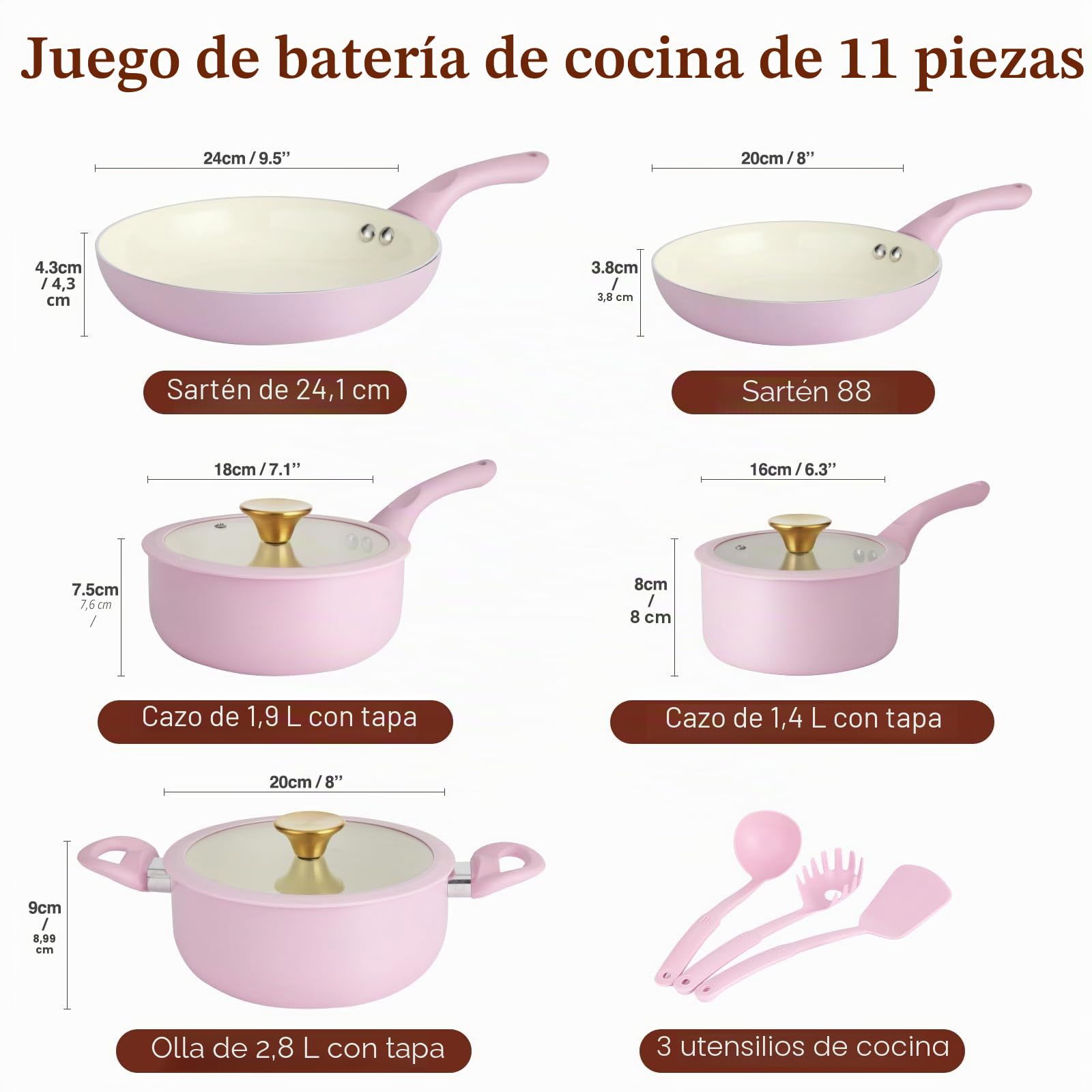 M MELENTA Juego de ollas y sartenes antiadherentes, 11 piezas de cerámica para inducción, juego de utensilios de cocina no tóxicos con sartenes, juego de cacerolas, 100% libre de PFOA, rosa