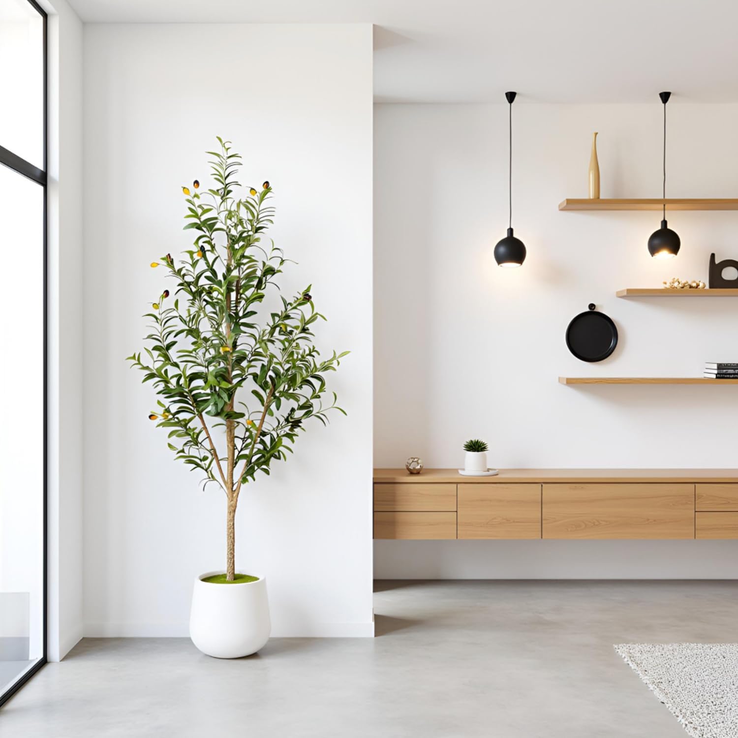 artificial olive tree with white pot - faux olive tree for home decor, tall artificial plants indoor, realistic trunks foliage fruit, office decor (5.4ft) 5ft 4in